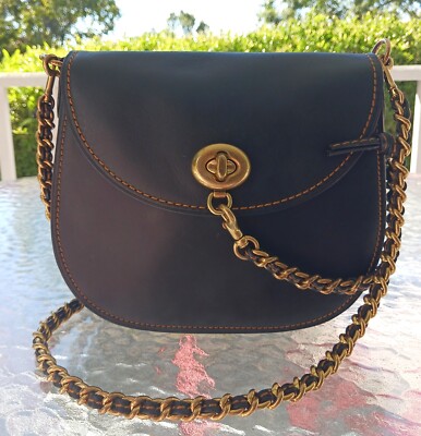 バッグ Coach vintage handbag turnlock leather Coach 1941 Turnlock Saddle Crossbody Black w/Metal & Leather