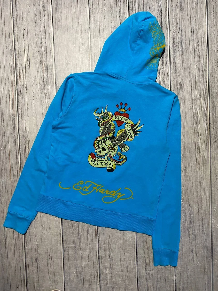 Vintage Ed Hardy Hoodie Full Zip New York City Y2K Skull Eagle Women Size M Blue