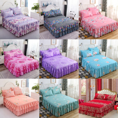 3PCS Flat Sheet Flower Bed Skirt With Pillowcase Princess Bedspread Dust Ruffles