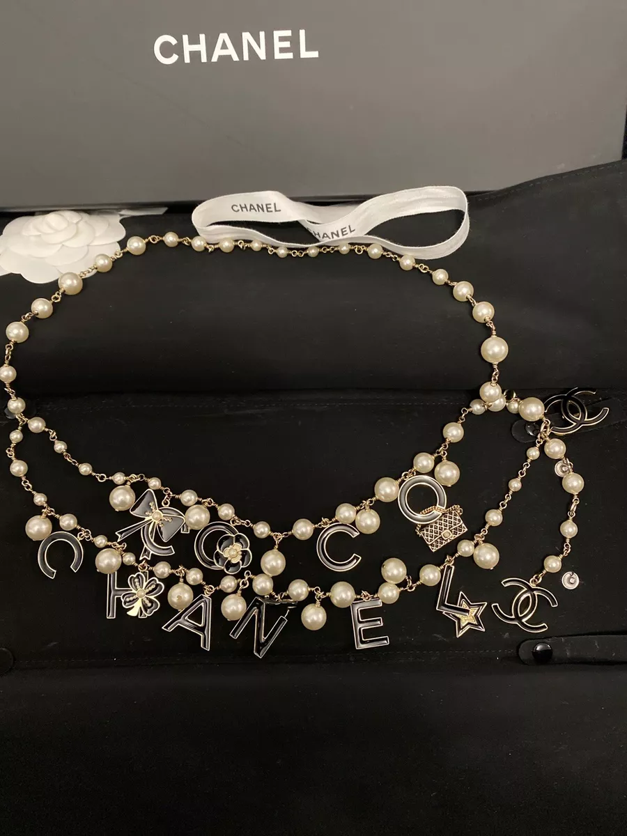 100 Authentic CHANEL Gold Black Charm White Pearl Belt Necklace