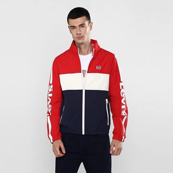 LEVIS Unisex SMALL Retro Red White Blue Color Block Lined Windbreaker Jacket NWT