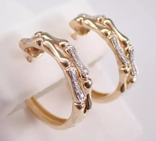 0.20Ct Round Moissanite Estate Double Row Hoop Earrings 14K Yellow Gold Plated - Picture 3 of 7
