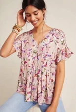 Dolan Mitzi Pleated Floral Blouse Size XS Taupe Anthropologie Ruffle Sleeve