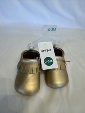Cat Jack Baby Girls' Faux Leather Fringe Moccasins Shoes 0-3 M, Gold NWT