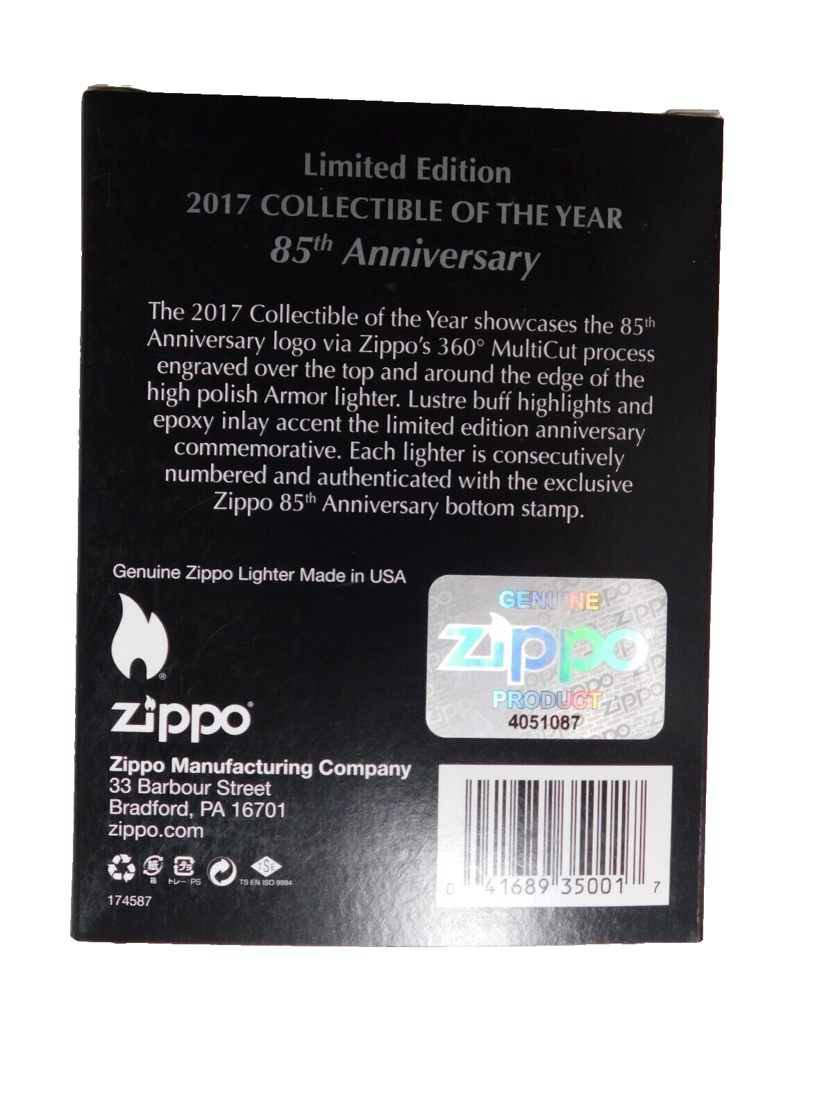 ZIPPO LIGHTER COLLECTIBLE OF YEAR 2017 85ANNIVERSARY NUMBERED 360