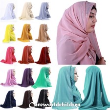 Muslim Women Chiffon Plain Long Scarf Shawls Hijab Head Wrap Rhinestone Scarves