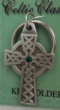 Irish Celtic Cross Auto Keychain With Crystal Stone by FC Pewter Made in USA NEW