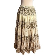 Tiered Animal Print Gypsy A-Line Boho Maxi Skirt M Patchwork Brown Beige Chic