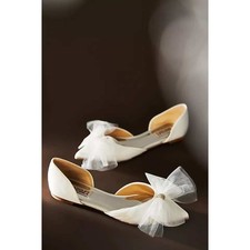 Badgley Mischka Fergie D'Orsay Flats Women Size 7 Ivory Satin Tulle Bow