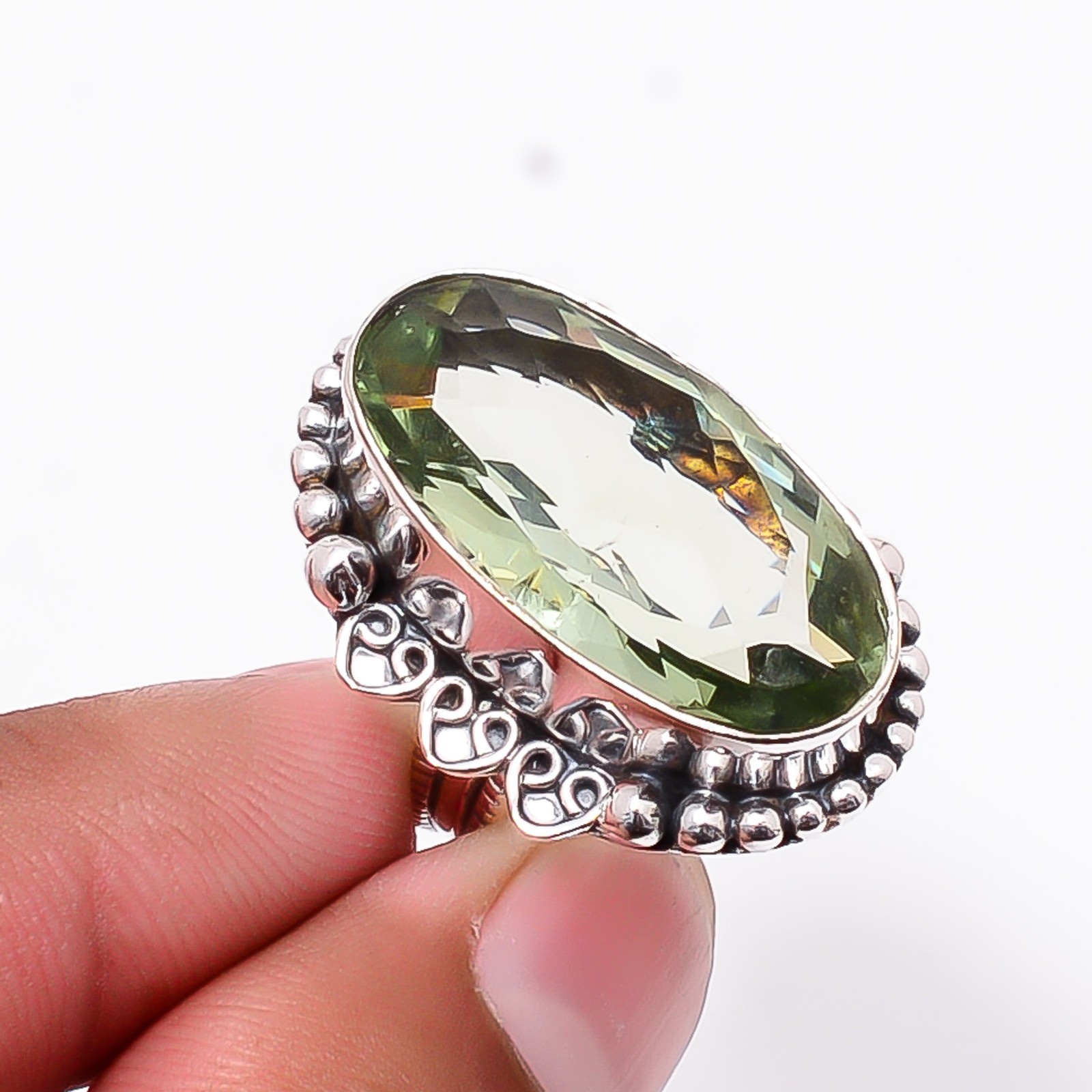 Green Amethyst Sterling Silver Bold Oval Statement Ring S.8 R124738