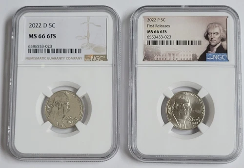 2022 P & D NGC MS 66 6FS 5C JEFFERSON NICKELS BEAUTIFUL COINS With 6 FULL STEPS 