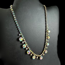 Aurora Borealis AB Rhinestone Choker Necklace Gold Rhodium Plated Vintage 1960s