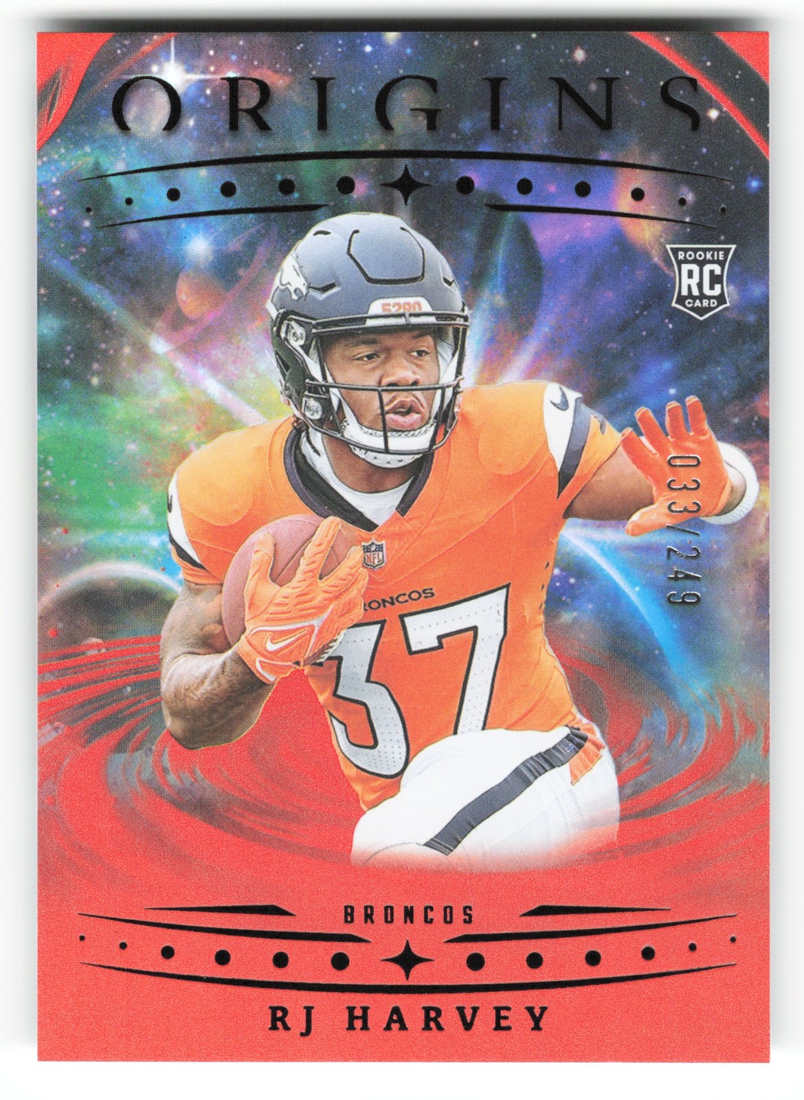 2025 Panini Origins Holo Orange RJ Harvey Rookie 033/249 Denver Broncos #141