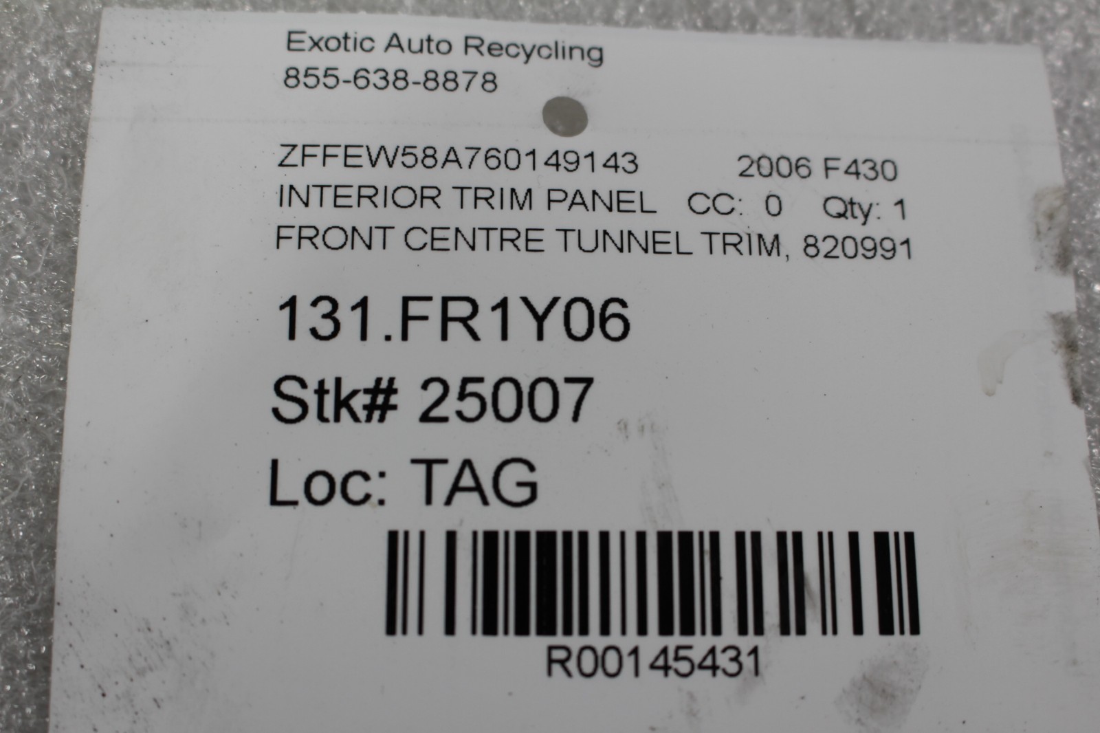 Ferrari F430 Coupe, Spider, Front Tunnel Carpet, Used, P/N 82099390