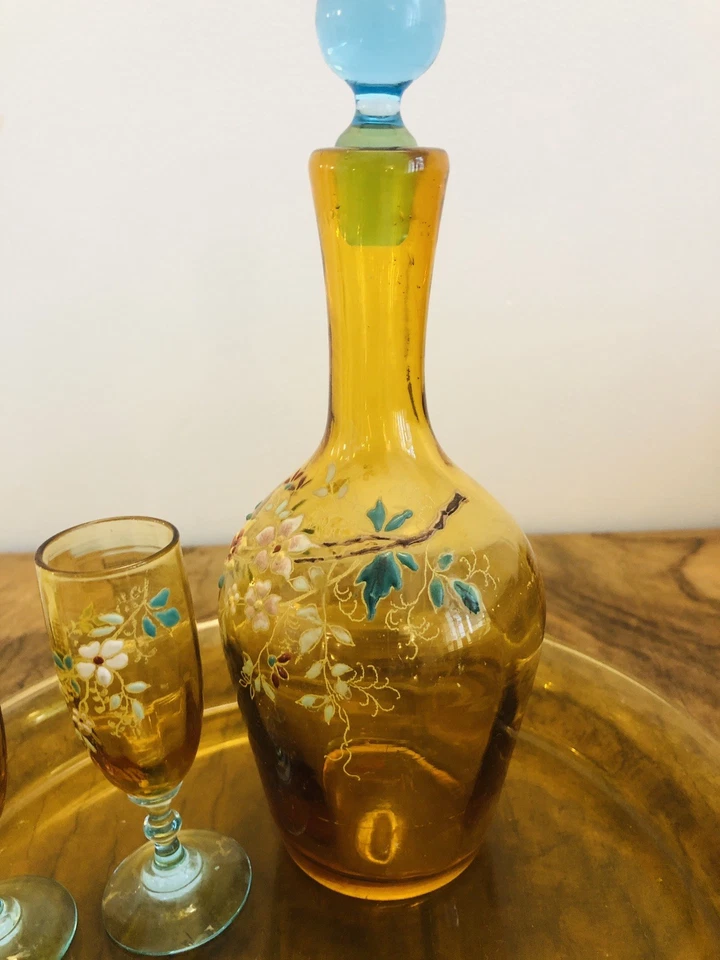 ANCIEN service à liqueur en verre Coloré plateau carafe 2 verres - Photo 2/4