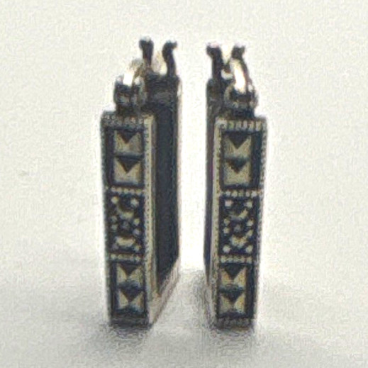 Vintage 925 Sterling Silver Marcasite Rectangular Drop Hoop Earrings