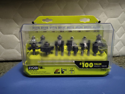 Ryobi Router Bit Set 15 Pcs, 1/4'' Shank/Carbide Edge Woodworking
