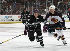 Todd Marchant Mighty Ducks of Anaheim skates v Greg de Vries- Ice Hockey Photo