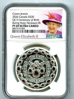 2026 $20 CANADA 1 OZ SILVER PROOF NGC PF69 UCAM QEII BARING RUBY NECKLACE FR