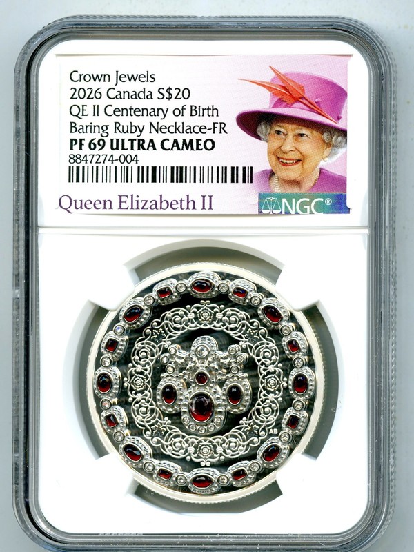 2026 $20 CANADA 1 OZ SILVER PROOF NGC PF69 UCAM QEII BARING RUBY NECKLACE - FR