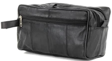 Men's Genuine Leather Double Zipper Top Shaving Kit Toiletry Travel Case Black