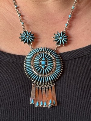 VINTAGE NAVAJO BENSON YAZZIE NEEDLEPOINT TURQUOISE & SS DANGLE PENDANT NECKLACE