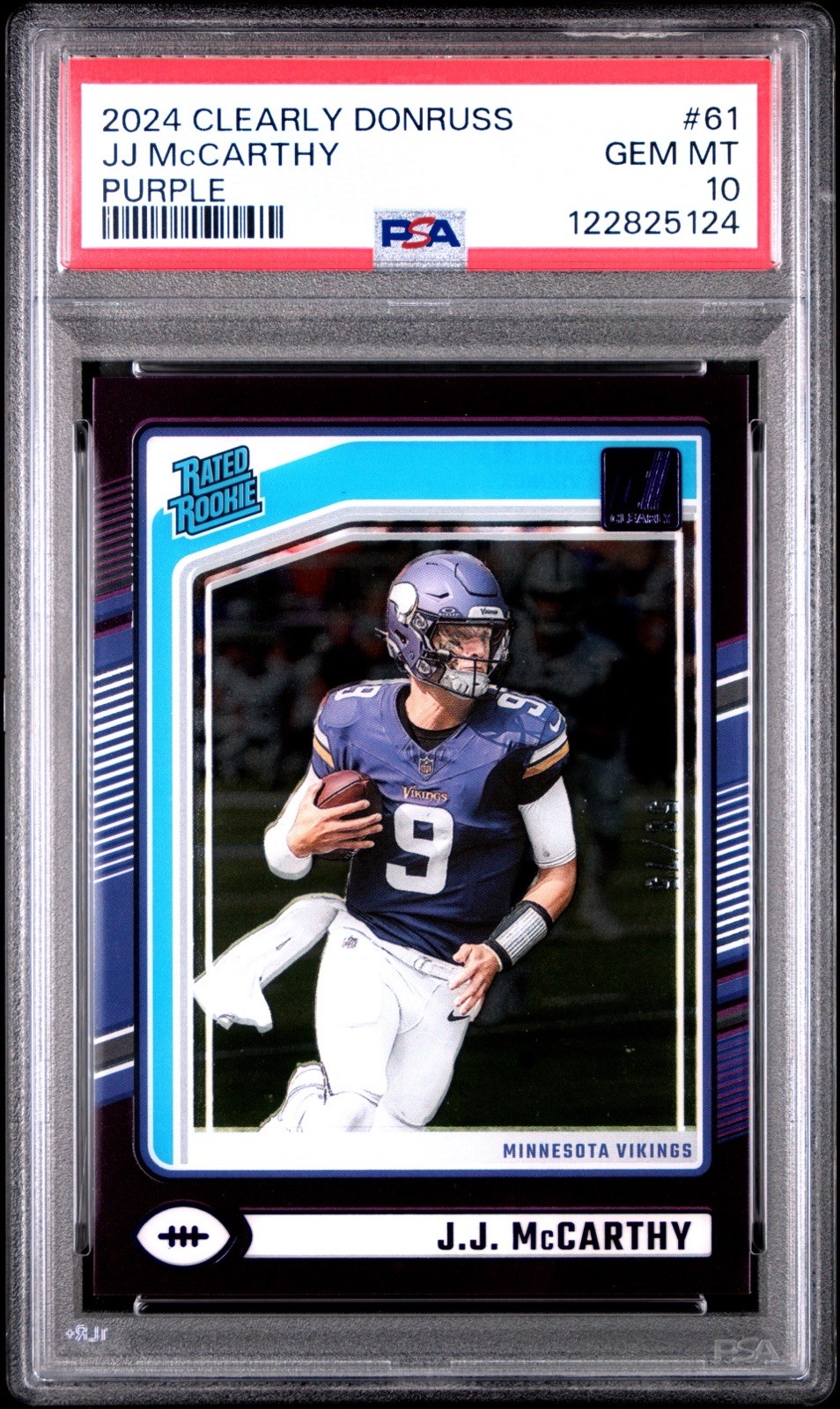 2024 Panini Clearly Donruss-JJ MCCARTHY Purple Rated Rookie /75 PSA 10 Gem Mint!