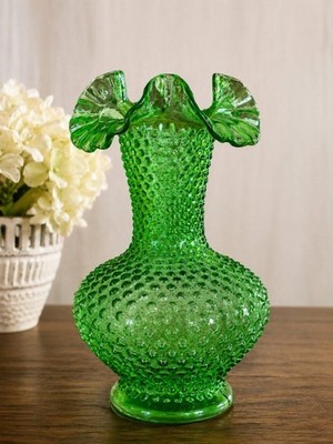 Vintage Fenton Green Hobnail Ruffled Vase 11  Art Glass Signed USA