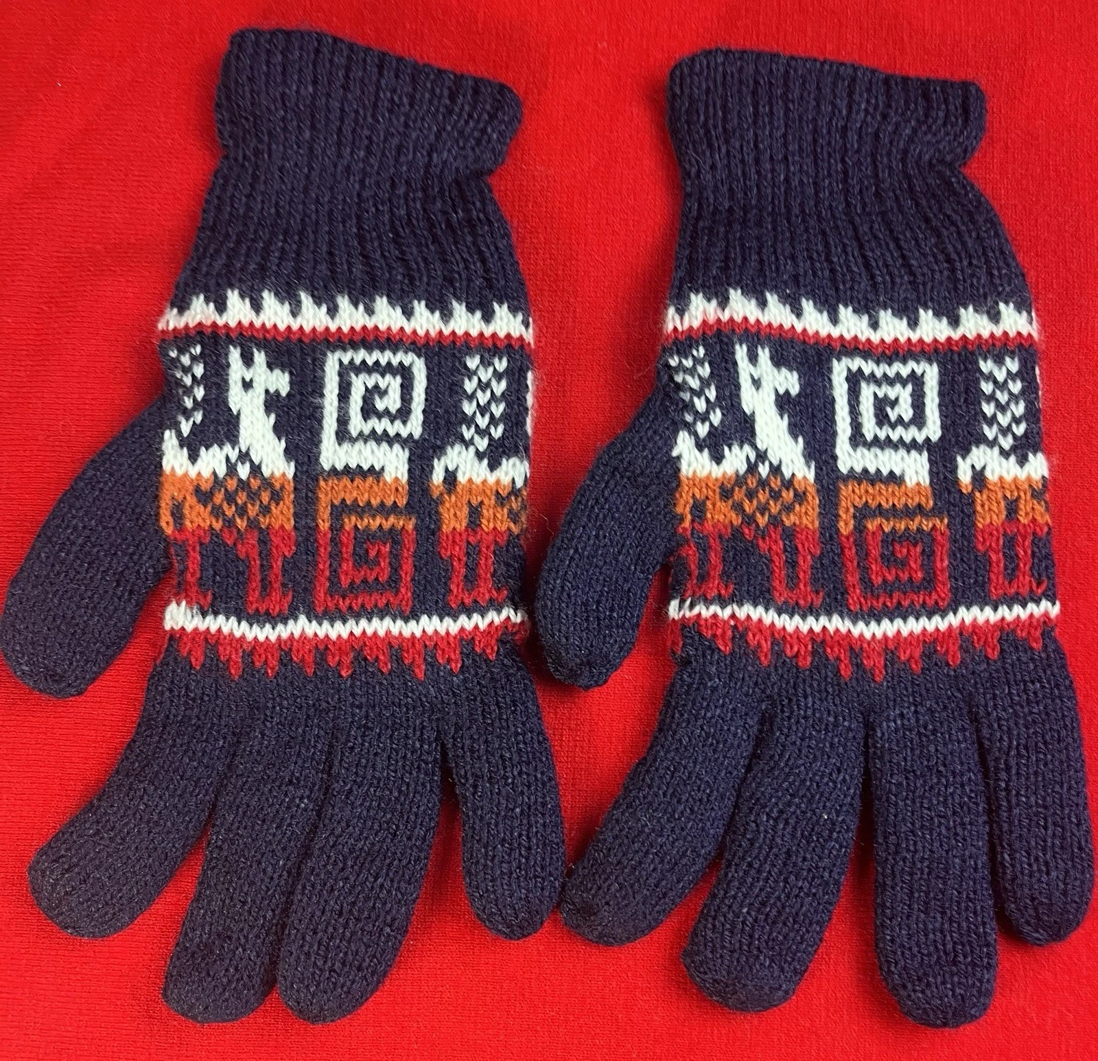 Blue/White/Red Finger Unisex Peruvian Alpaca Wool Adult Gloves NEW