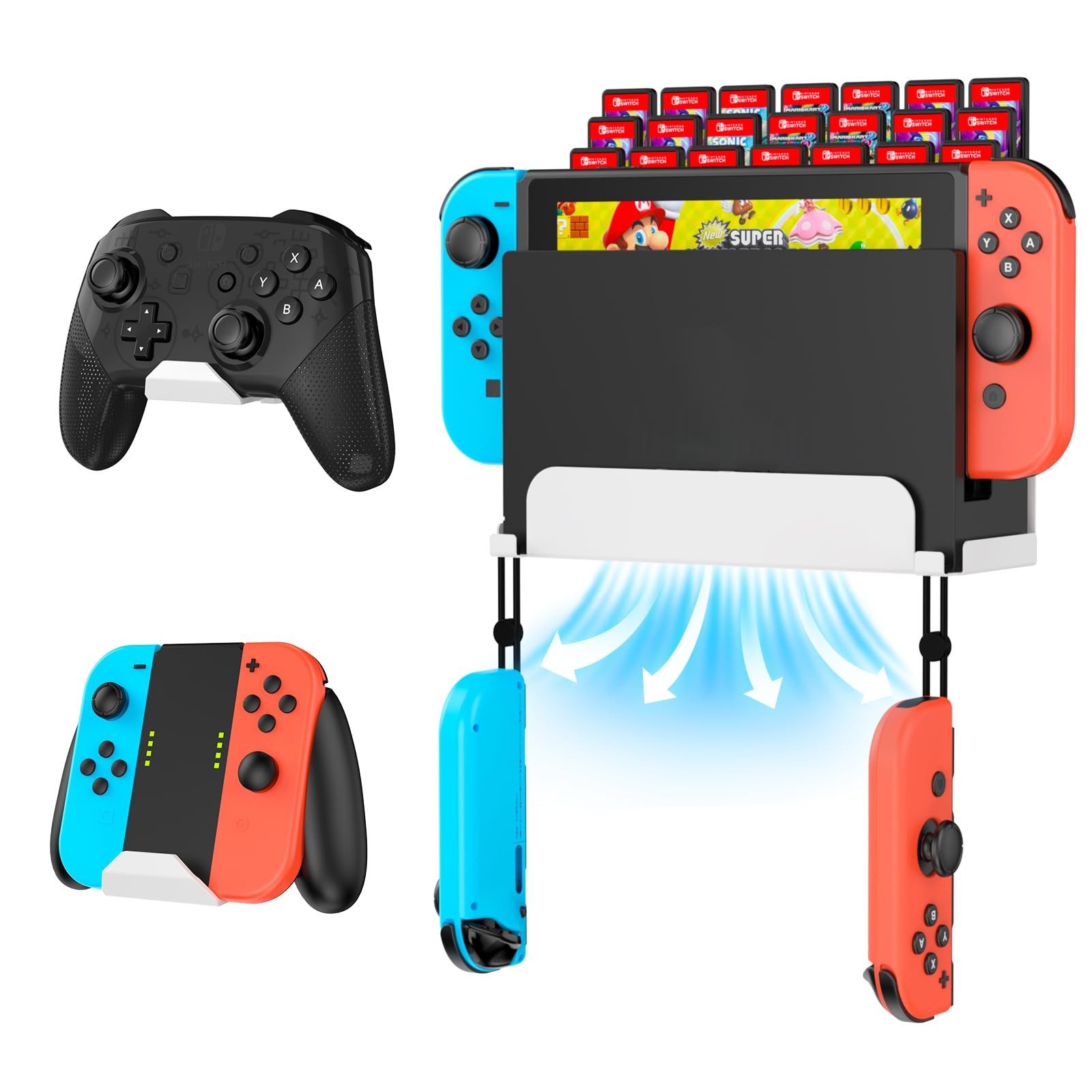 Support mural pour Nintendo Switch avec range-manettes et 28 slots de jeux noir en acier