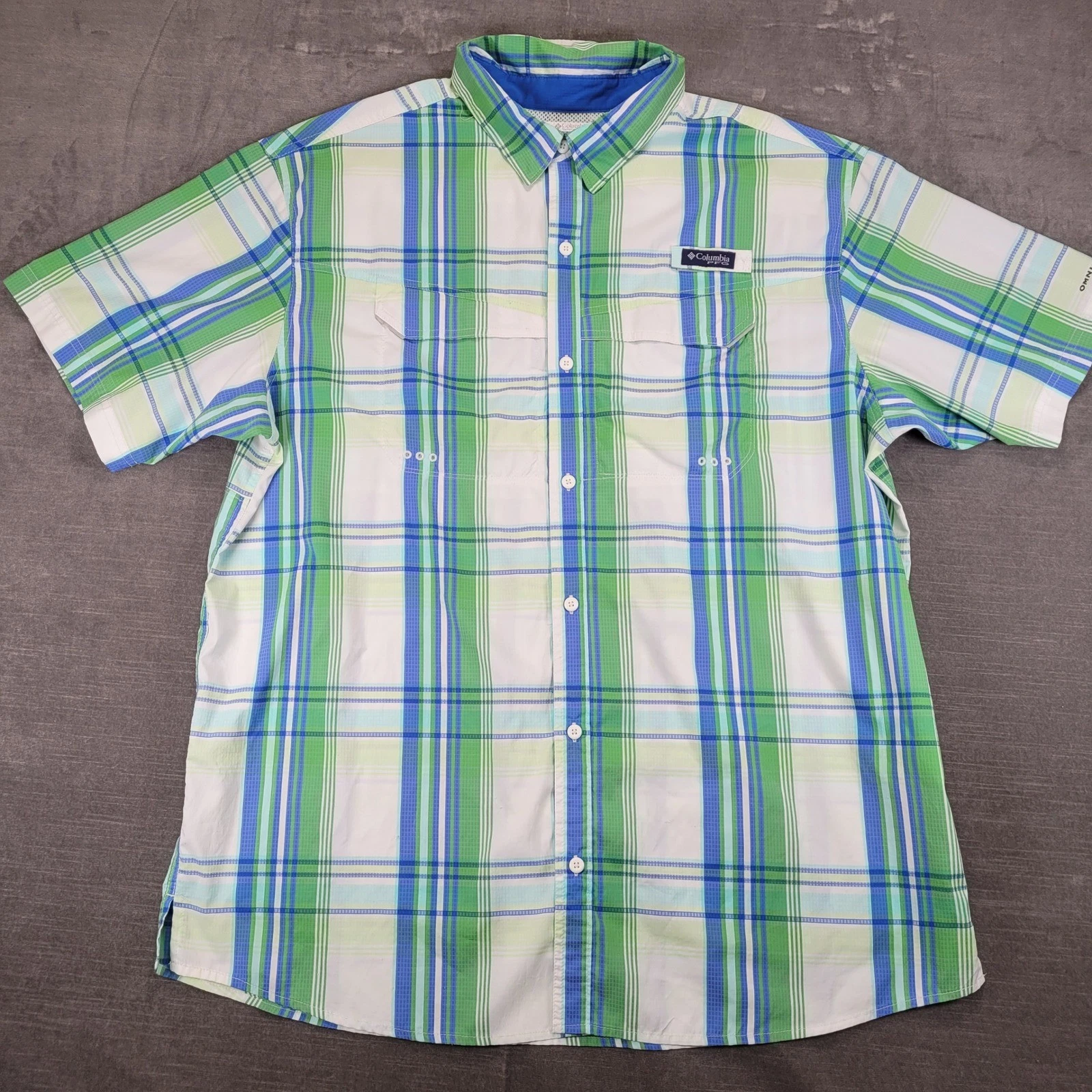 Columbia PFG Plaid Short Sleeve Button Up Rip Stop Fishing Shirt Men's Size XL