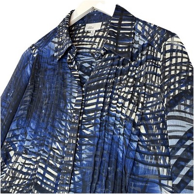 Linea Domani Women s 10 Flowy Sheer Tunic Blue Geometric Pleated Roll-Tab Sleeve