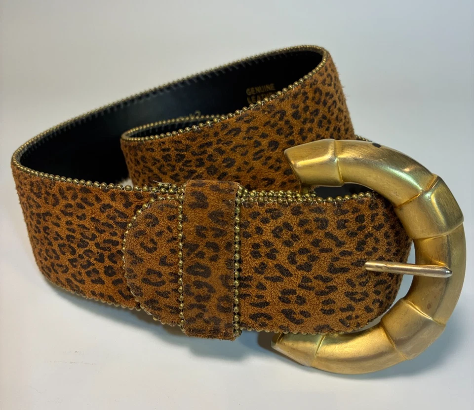CINTURÓN DE CUERO GAMUZA LEOPARDO VINTAGE Se adapta a 28-34 borde medio con cuentas hebilla dorada Foto 2 de 4