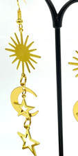 Earrings Gold Tone Sun, Moon  Stars. Hook Close Drop 3"