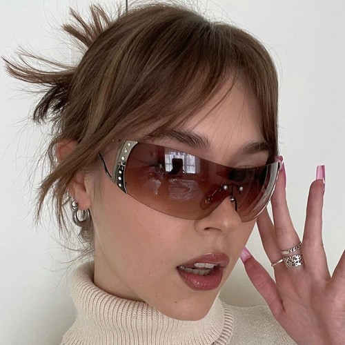 Vintage Oversized Rimless Sunglasses Y2K Women Luxury Wrap Around Shades Glasses - Picture 7 of 19