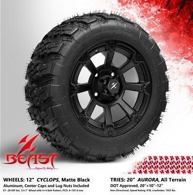 4x GOLF CART 12'' MATTE BLACK CYCLOPS WHEELS and 20'' AURORA HYBRID A/T DOT TIRES