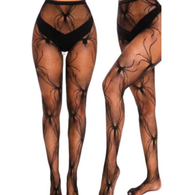 Kiki Chloe Gothic Black Fishnet Large Spider Goth Tights Halloween Fancy Dress