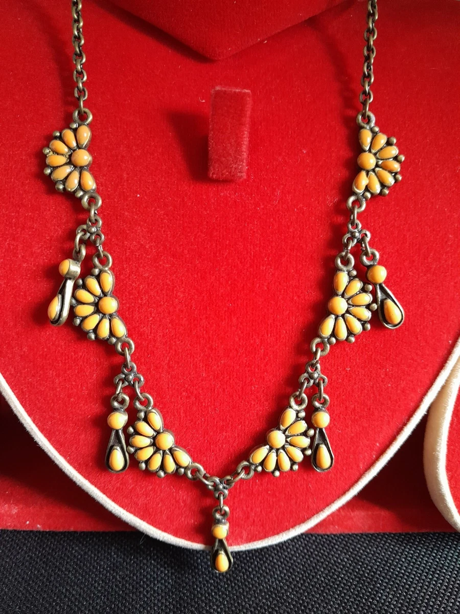 Vintage Style Orange Drop Necklace Brass Tone Metal Chain Costume