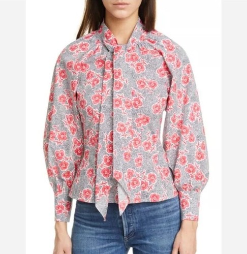 Rebecca Taylor Coral Black Floral Neck Tie Top Puff Sleeve Stretch Blouse Top 8 - Picture 4 of 16