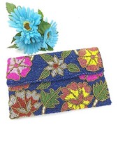 Handcrafted Blue Floral Beaded Glass Seed Bead Purse Unique Vintage Style