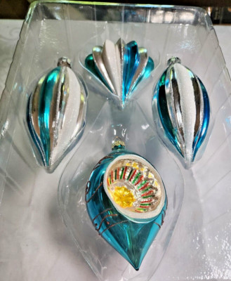 4 Rauch  Christmas Glass Ornaments  Silver Turquoise One Indent Never Used