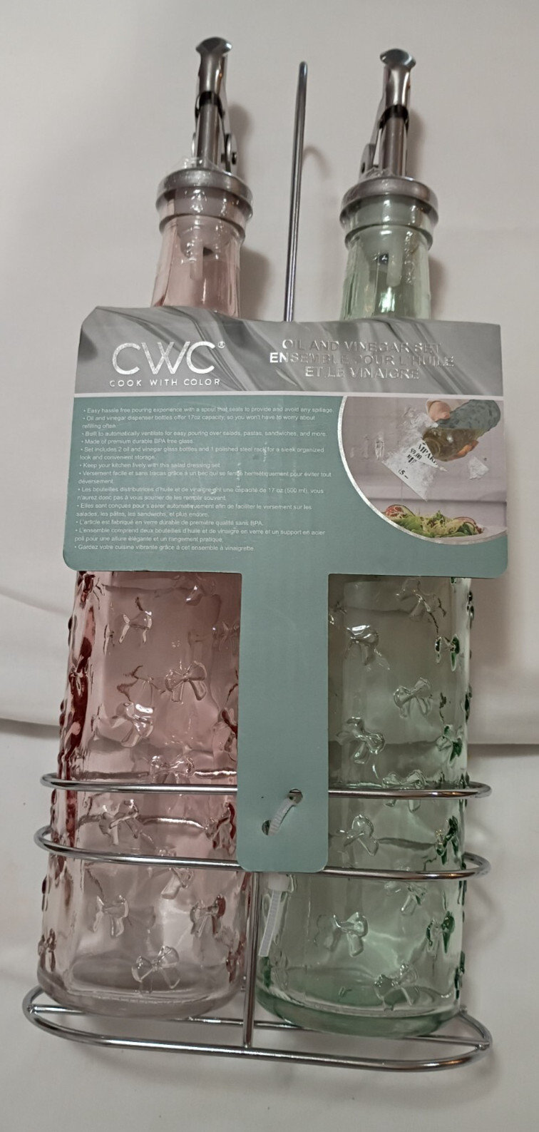 Cook With Color CWC Glass Gold Oil & Vinager Dispensers Pink & Green 17oz