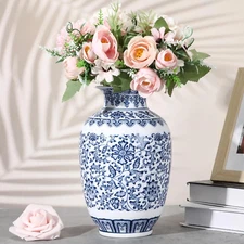 9 Inch Blue and White Vase Chinoiserie Ceramic Porcelain Chinese Handmade Ori...
