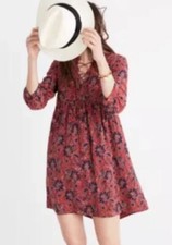 Madewell Size XS Silk Lace Up Babydoll Dress Assam Floral Lined Wine  Navy 