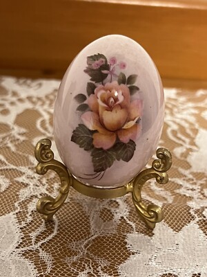 Pink Floral Ceramic Easter Egg with Gold Stand