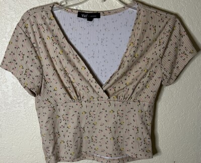 Womens YMI Collections Tan Floral Short Sleeve Stretch Crop Top Size Large
