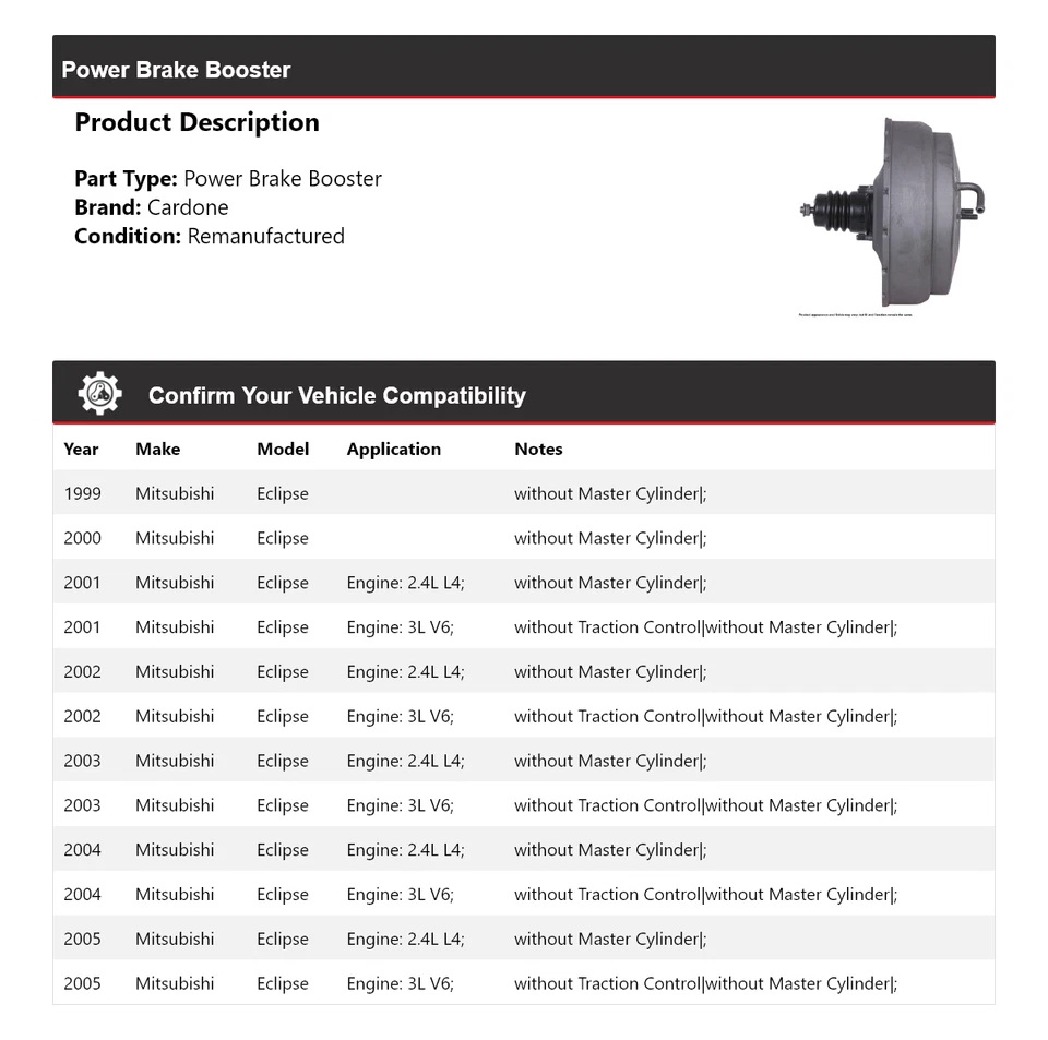 Para Mitsubishi Eclipse 1999-2005 Power Brake Booster Cardone 2000 2001 2002 2003 Foto 2 de 4