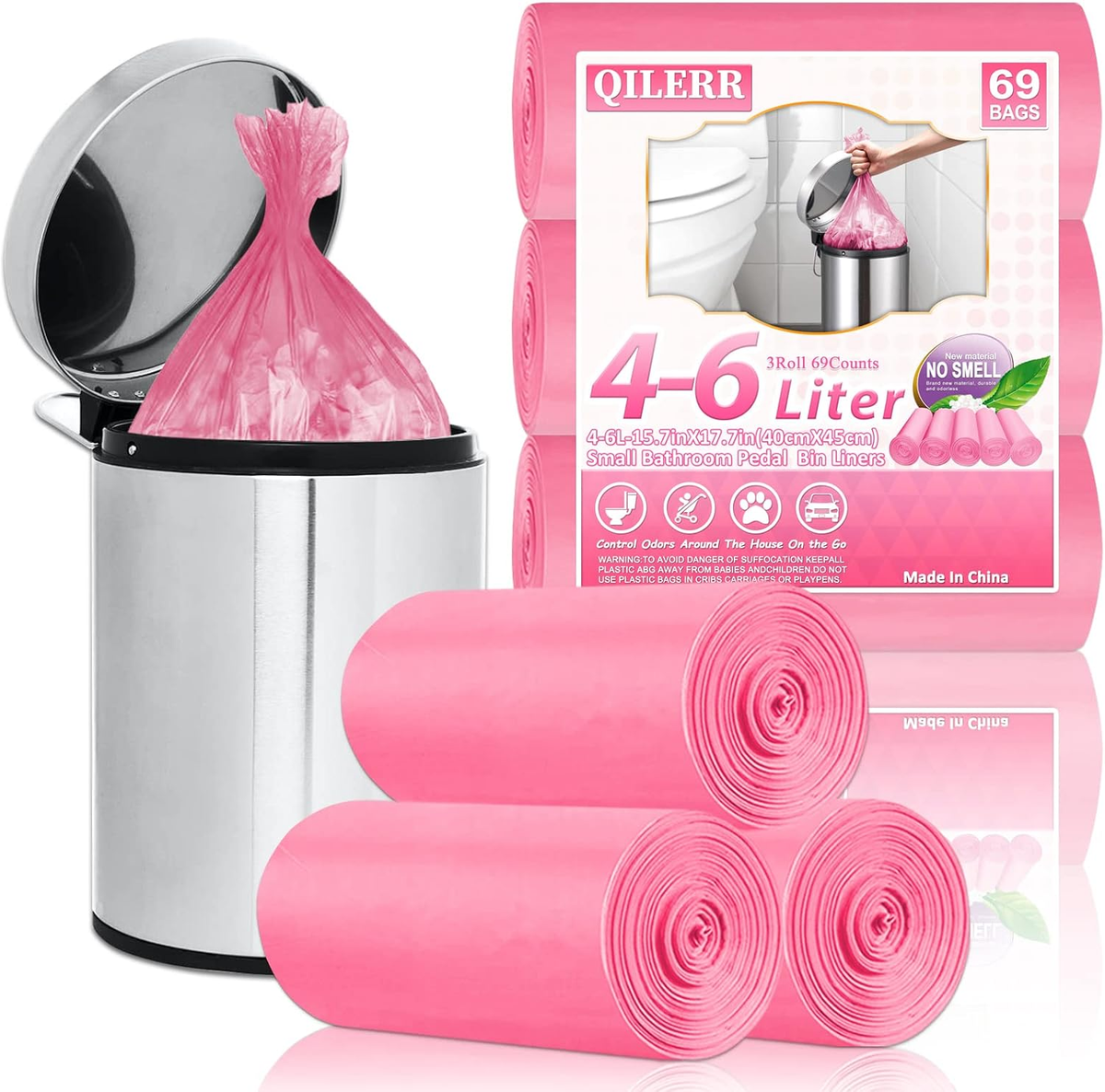 QILERR 4-6L Bin Bags Small Bin Liners 69 Counts Thick Plastic