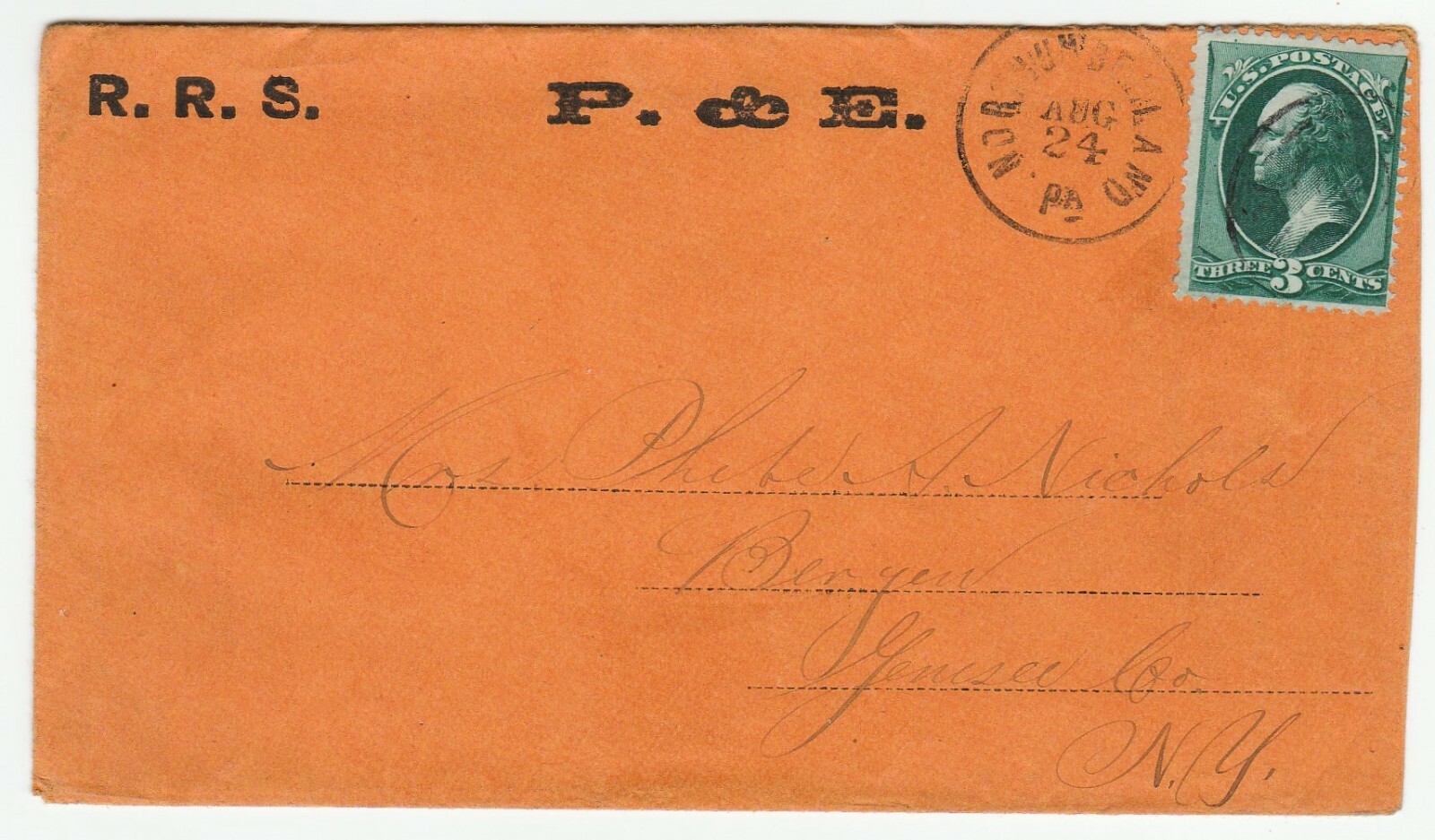 RARE 1870s Advertising Cover RRS P&E Railroad PM Northumberland PA RR