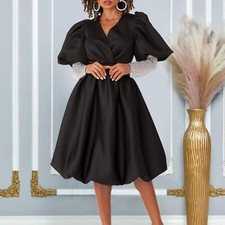 Women's Plus Size Casual Spring Midi Dress Long Flowy Ruffle Pleated Dresses